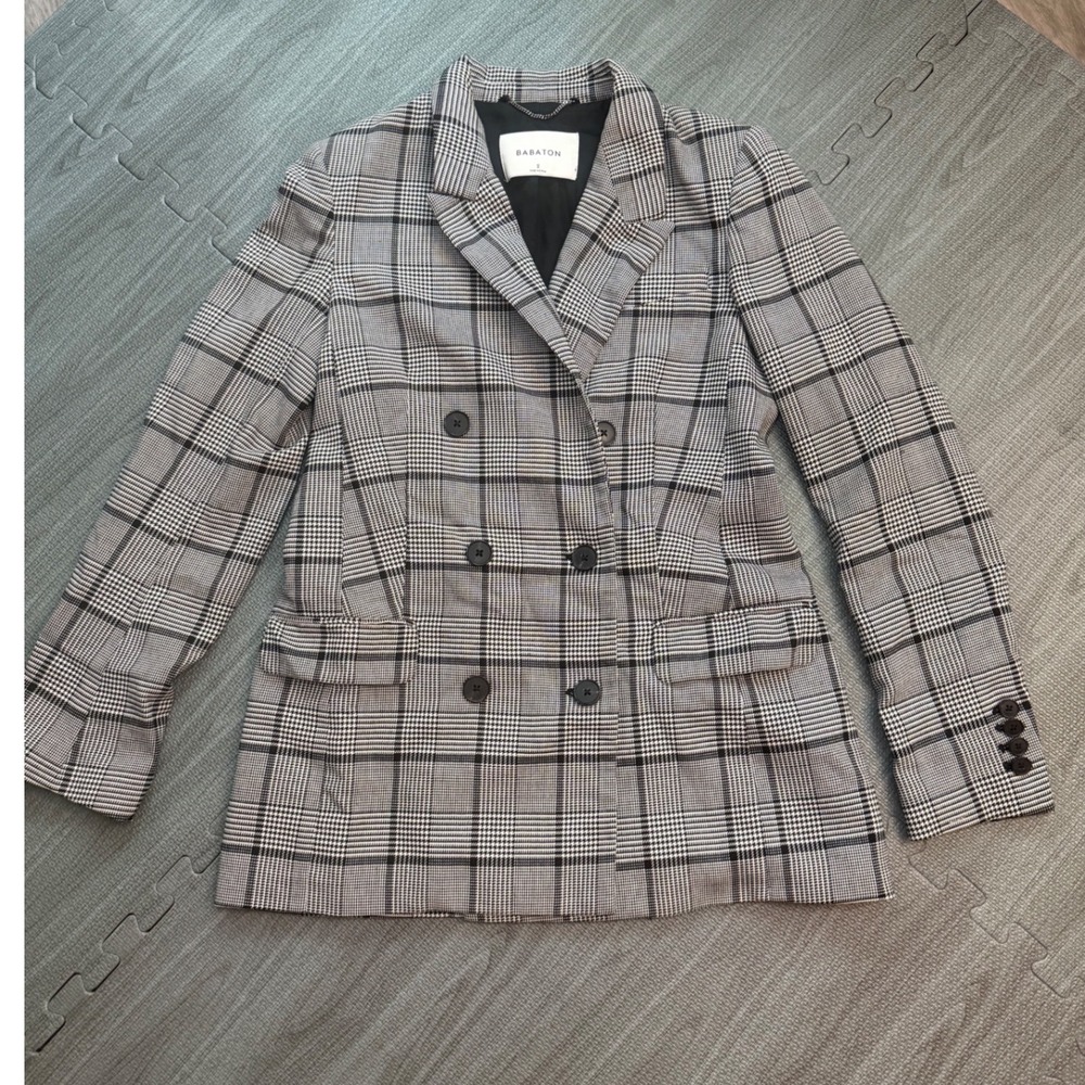 Babaton Aritzia Keith Blazer Grey Glen Check Plaid Double Breasted Jacket Size 2